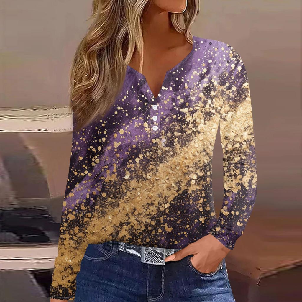 Жен. Футболка Футболка На пуговицах С принтом Длинный рукав Повседневные Выходные Мода Классический V-образный вырез Обычный Топ