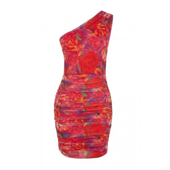 Multicolored Fitted Lined Knitted Floral Pattern Dress