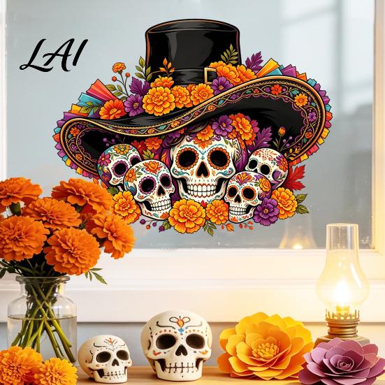 DIY Festive Home Ornament Day of The Dead Window Clings Halloween Top Hat Skull Static Sticker Mexican Folk Art Decals Colorful Flower Pattern