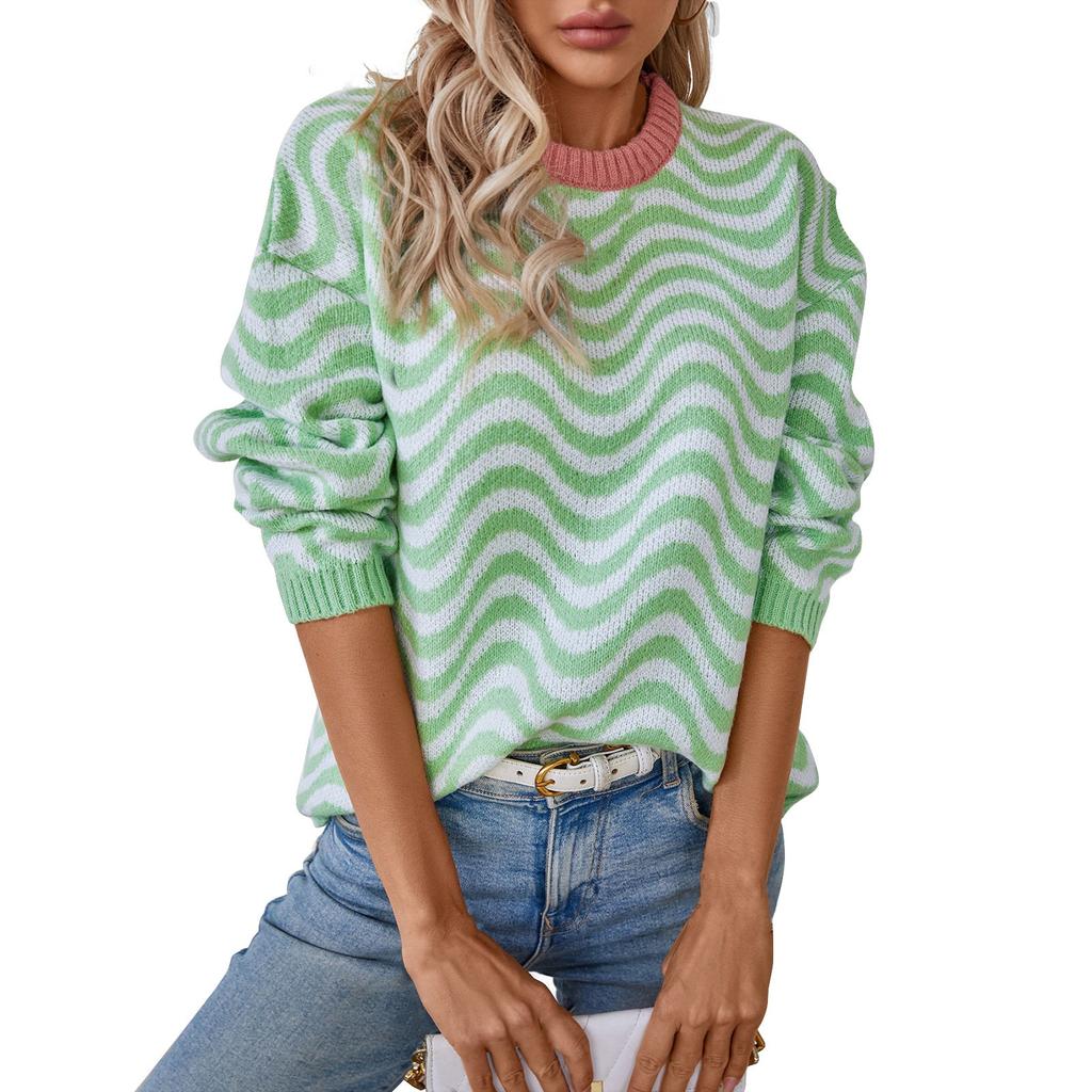 Осень и зима Новое поступление контрастного цвета вязаный свитер волнистый полосатый свитер