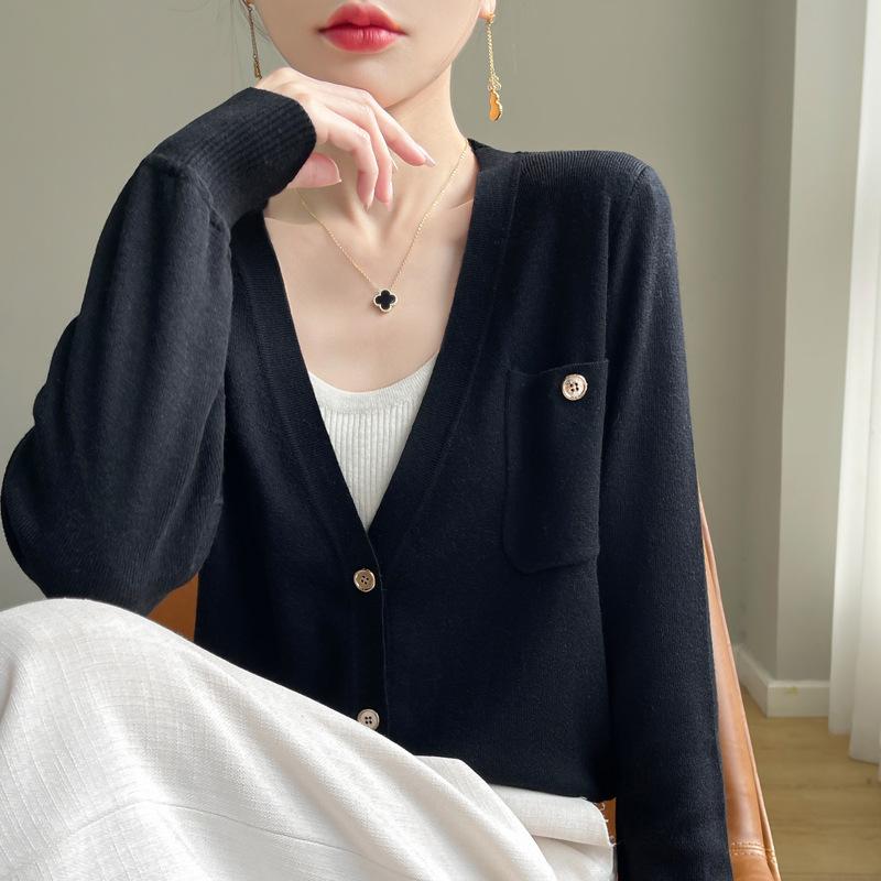 Вязаный кардиган с длинным рукавом Женская короткая куртка Свитер Высокий дизайн Нишевый Свободный Тонкий V-образный вырез Топ