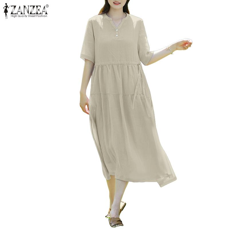 ZANZEA Women Casual V-Neck Half Sleeve Solid Color Loose Long Dress