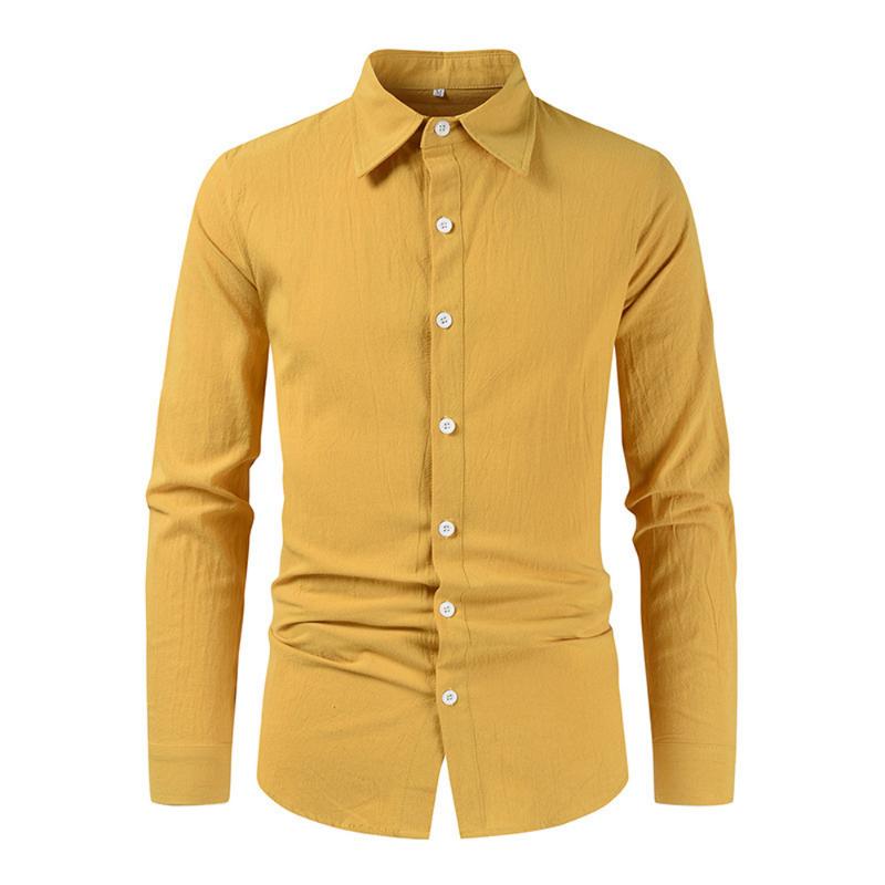 Мужская хлопково-льняная классическая рубашка с длинным рукавом, повседневные однотонные мешковатые топы на пуговицах