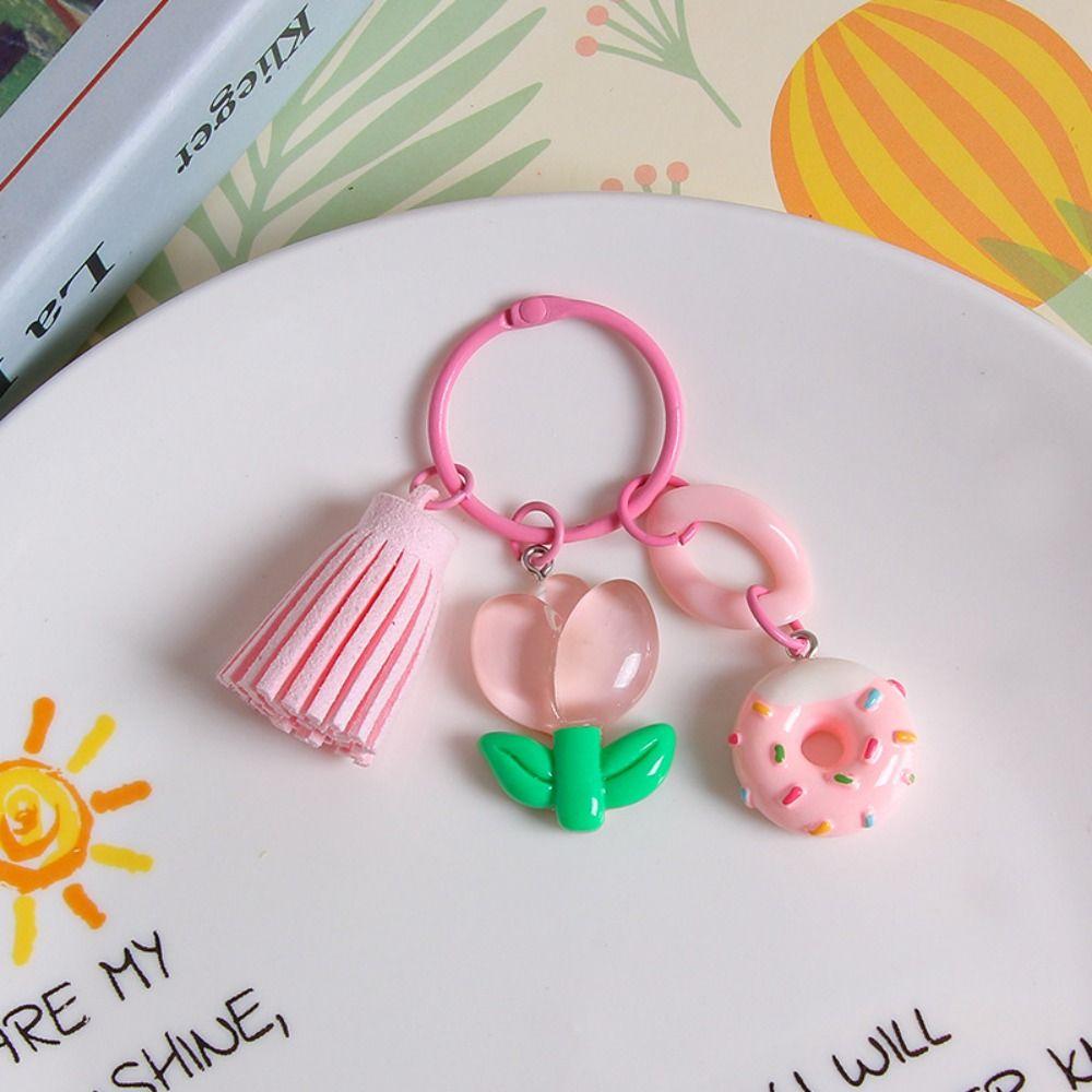 With Tassel Sweet Resin Tulip Keyring Young Girl's Heart Tulip Flower Keychain Pendant   Girls