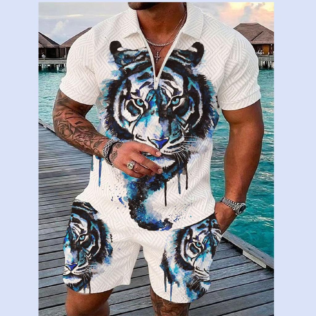 Летний тренд, мужской спортивный костюм, свободный комплект с животным 3D принтом, повседневная рубашка поло на молнии и шорты, комплект из 2 предметов, комплект мужской одежды, спортивный костюм