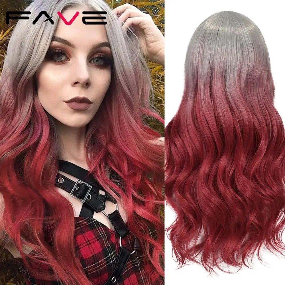 Long Wavy Wigs Ombre Gray To Watermelon Red Black Grey Purple Blue Brown Synthetic Hair For Black White Women Cosplay Party