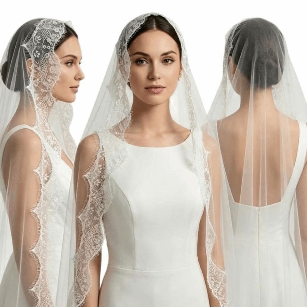 2M Long Bridal Headscarf Lace Edge Muslin Head Covering Elegant Wedding Veil  Cathedral Wedding