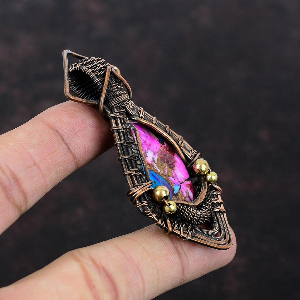 Кулон из бирюзы с натуральным розовым георгином Kingman, медная проволока, обернутая драгоценным камнем, ручная работа, медные украшения, подарок для мамы, обернутые проволокой украшения