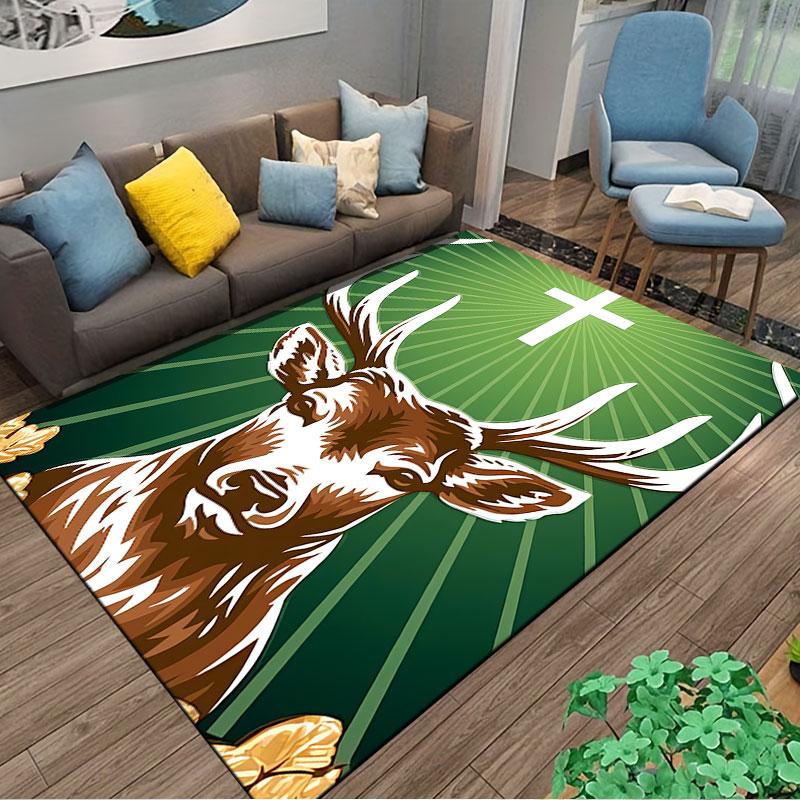Deer with Cross & Green Rays suitable as a non-slip mat for the living room or bedroom sofa