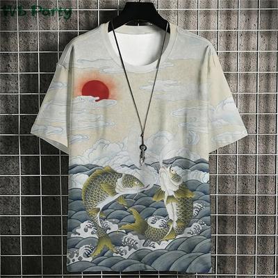 Футболки с рисунком Ukiyo-E, летняя мужская одежда, мужская футболка с коротким рукавом и круглым вырезом, повседневная свободная футболка, мужские рубашки в японском стиле, топ