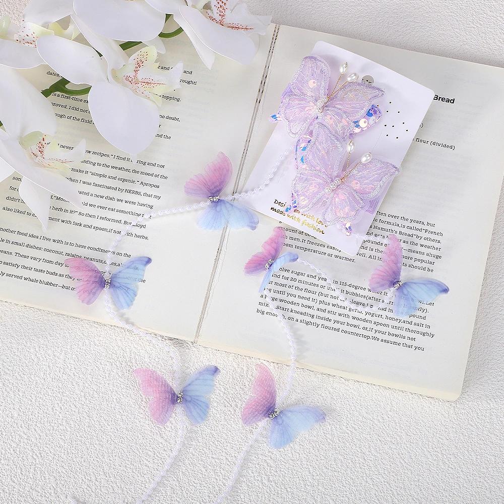 2 шт. Милые заколки для волос Сетка Разноцветная бабочка для девочки-принцессы Жемчуг Длинная кисточка Плетеная открытая заколка Головной убор Аксессуары для волос