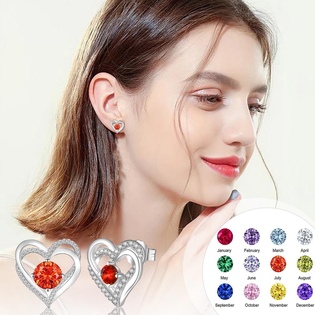 Multicolor Birthstone Ear Studs Heart Stud Earrings Birthday Gift For Women & Girls