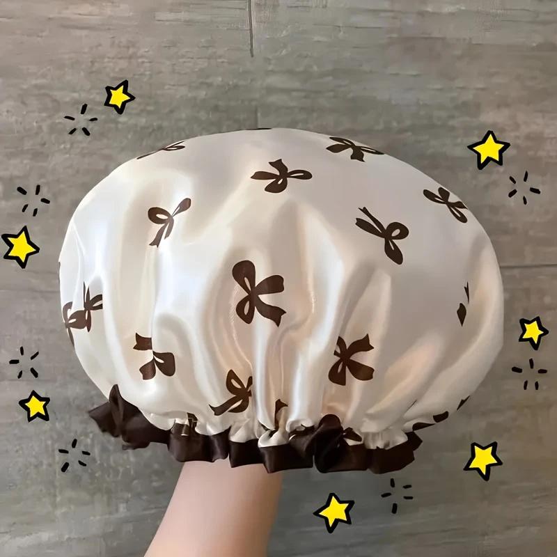 1Pc Double Layered Shower Cap for Women'S Waterproof Foldable Printed Design Bath Cap Kitchen Oil Fume Dust Prevention Headgear