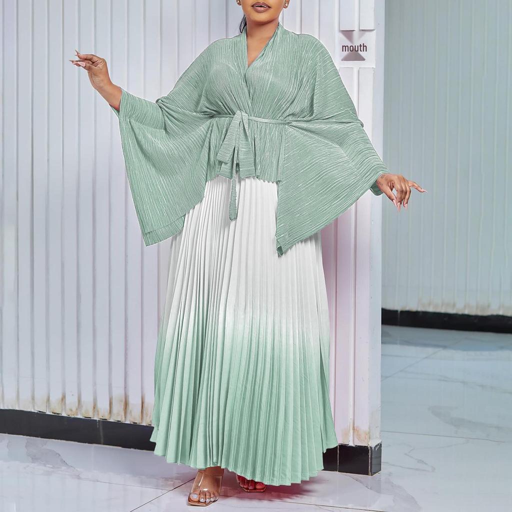 European & American Fashion Pleated Top and Gradient Swing Skirt Two-Piece Set