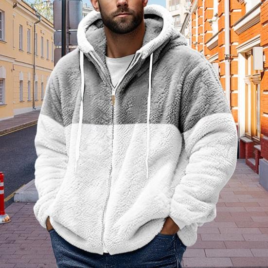 Men Hooded Fleece Jacket Adjustable Drawstring Long Sleeve Zipper Closure Coat Autumn Winter Warm Outerwear