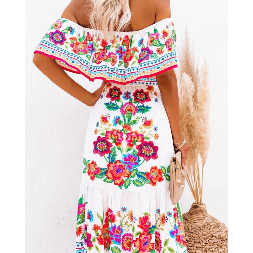 Bohemian Slash Neck Dresses Women Floral Print Waist Elegant Floor-length Dress Retro Clothing
