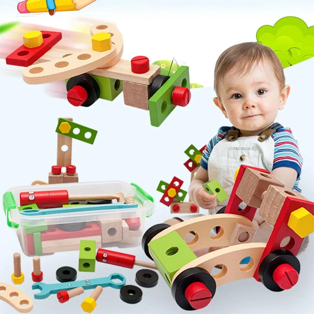 non-toxic Educational Montessori Kids Toys Plastic Wooden Toolbox Pretend Play Children Nut Screw Assembly Simulation Carpenter Tool Toys