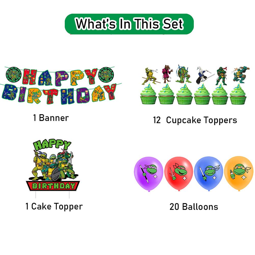 34 шт. Набор принадлежностей для вечеринки «Черепашки Ниндзя» включает воздушные шары с баннерами и топперы для торта