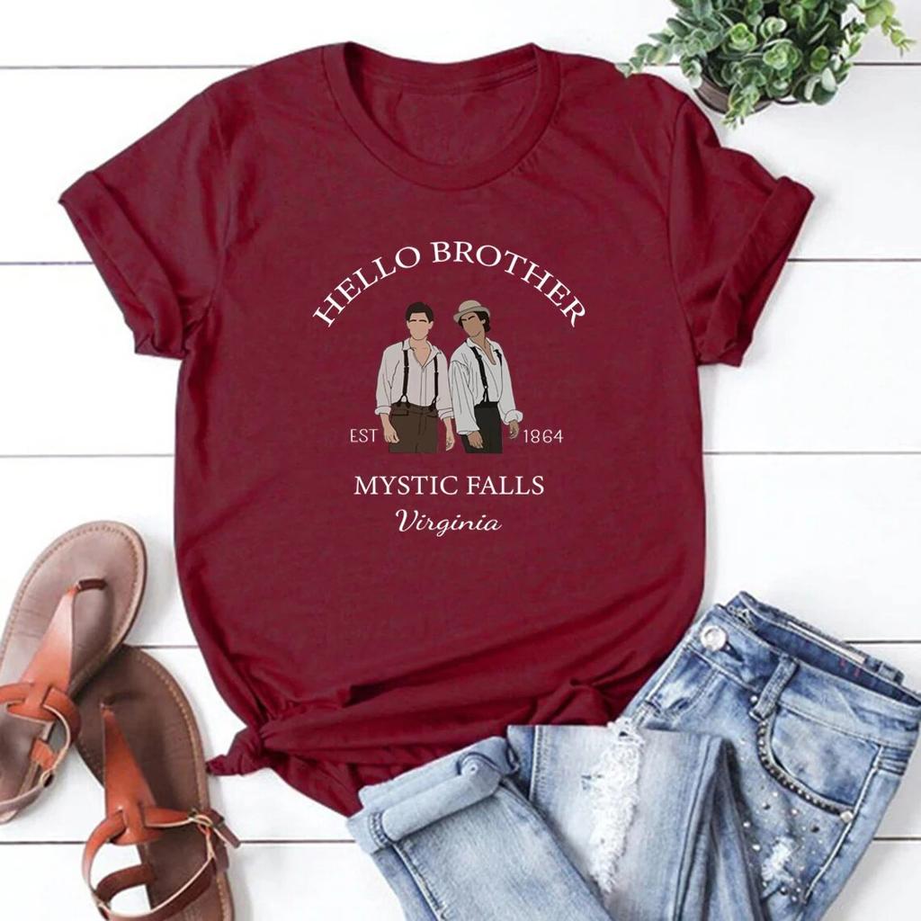 Hello Brother T-Shirt Mystic Falls Virginia Tshirt Stefan and Damon Salvatore Tee Women Clothes Streetwear Top Vampire Fan Gift