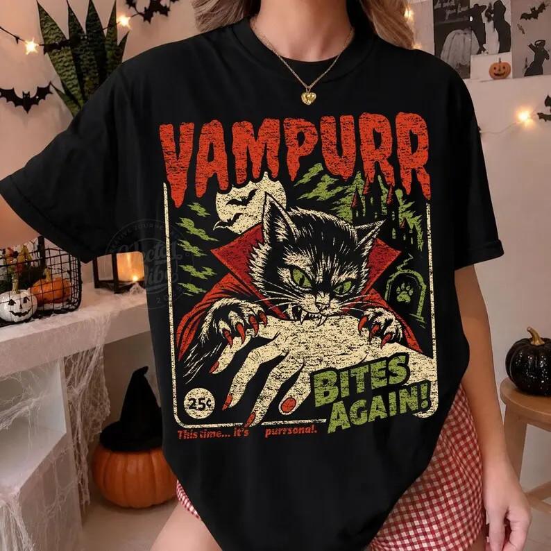 Vampire Cat Shirt, Funny Spooky Halloween Graphic Tee, Retro Vampurr T-Shirt, Cu