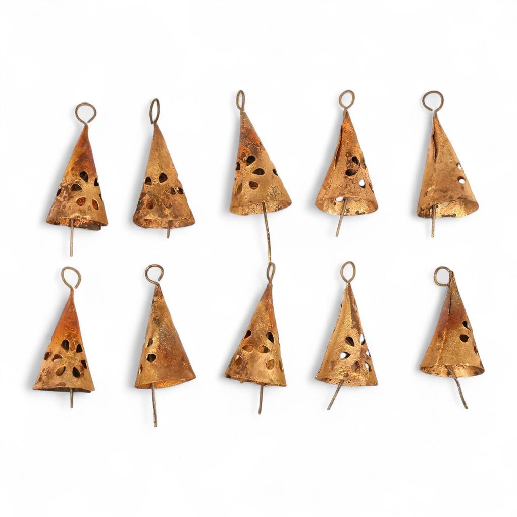 10-Piece Vintage Iron Jingle Bells for Rustic Christmas Crafts, 2.25" Farmhouse Ornaments with Cutout Design for Holiday Decor
