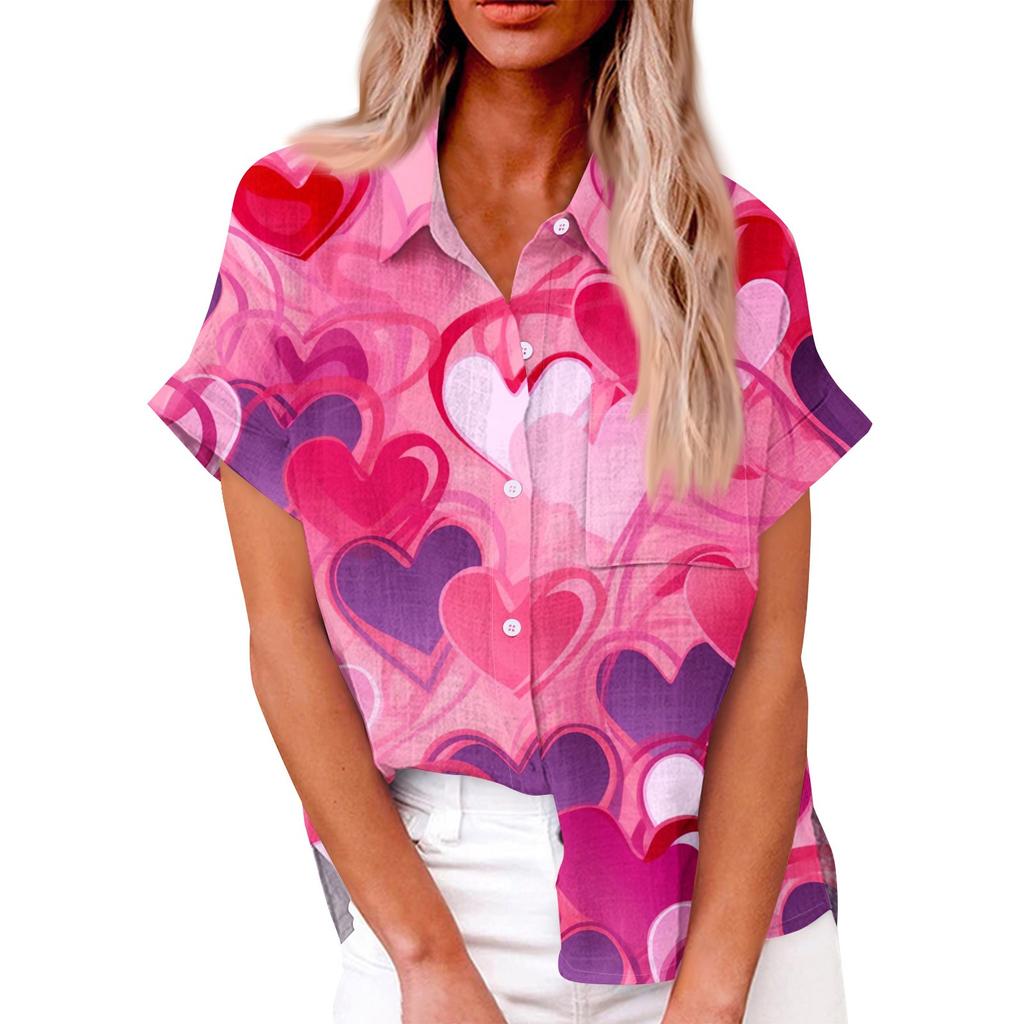 Женская свободная повседневная рубашка с короткими рукавами и отворотом с цифровым принтом и карманом