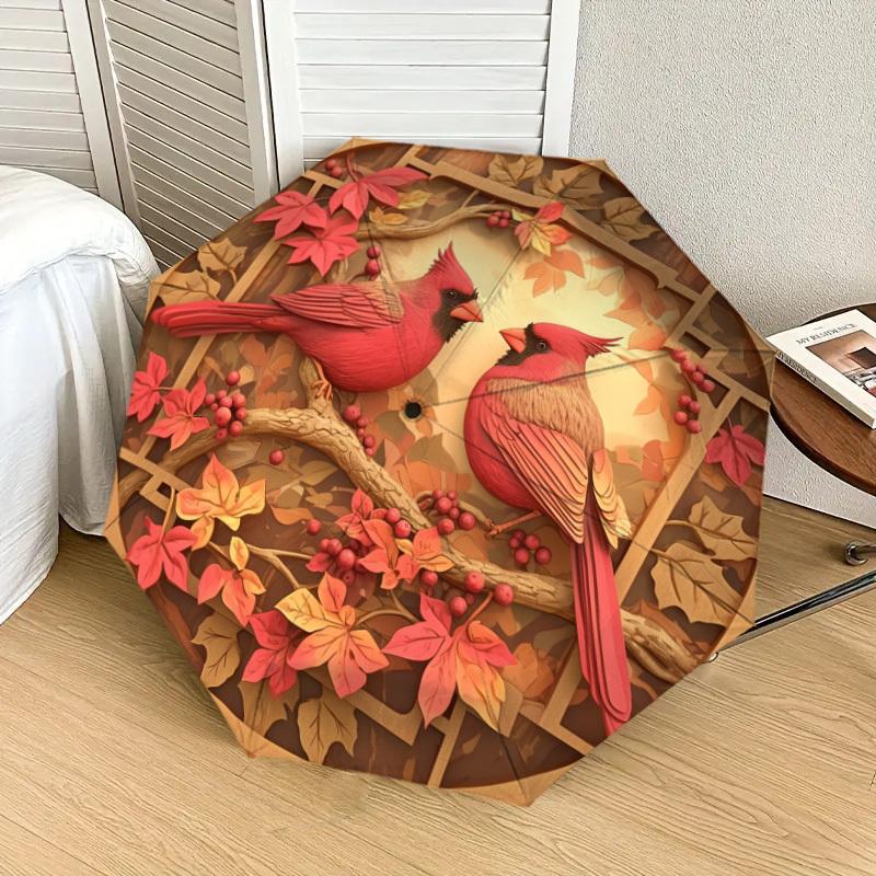 1pc Autumn Cardinals in Wooden Frame Umbrella with Plastic Handle,Suitable for All Seasons Home Travel Outdoor UmbrellaDD107