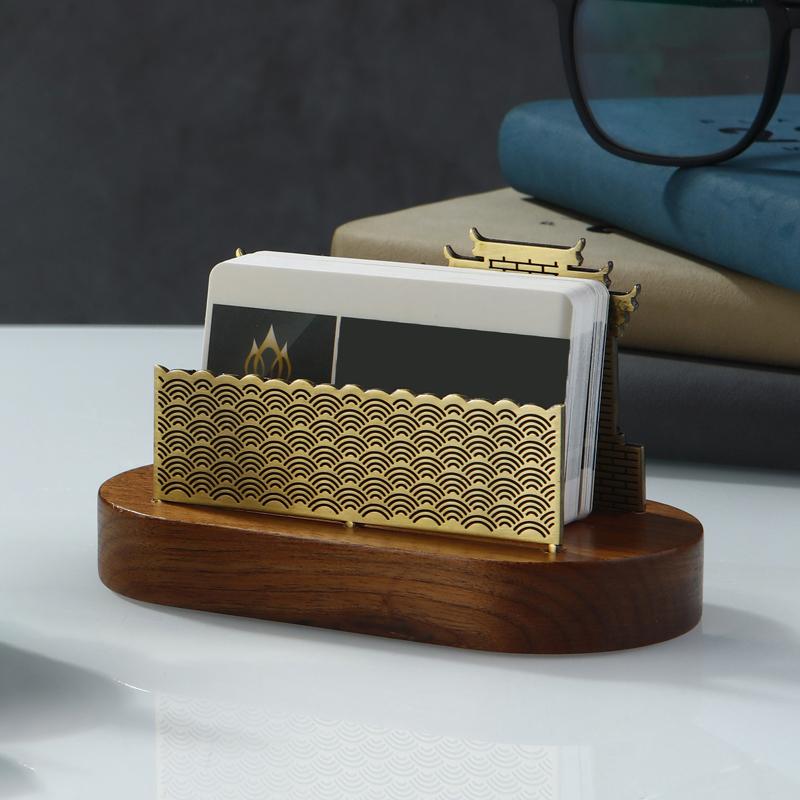 Wooden Business Card Holder Metal Organizer Office Desk Display Stand Memo Counter Accessories Tabletop Card Holder Storage
