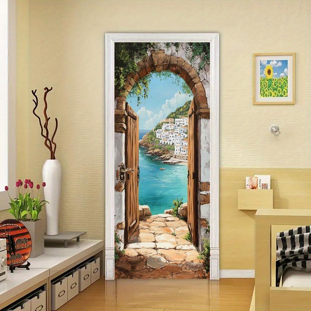 Дверные наклейки в тематике голубого океана с дизайном каменной арки и обоями с средиземноморским пейзажем, подходящие для домашнего декора.