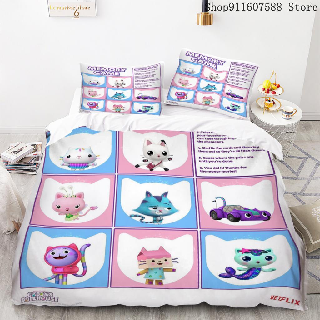 Постельный набор «Кукольный домик Габби» Кавайный комплект постельного белья Односпальный Двуспальный размер Домашний декор Для девочек Детей Мультяшный Милый Кот Комплект пододеяльника