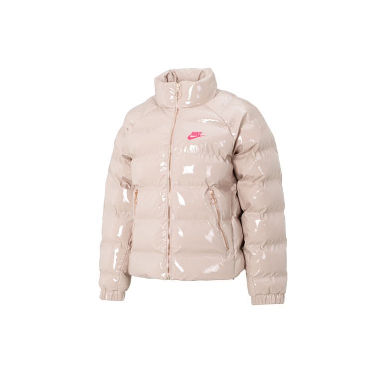Nike Сплошной цвет с логотипом, глянцевый воротник-стойка, хлопковая куртка с длинными рукавами, женские топы, розовый FQ3575-601