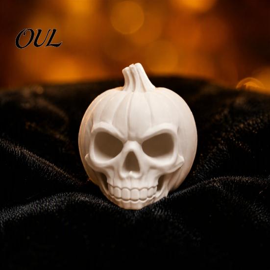 Halloween Skull Pumpkin Decoration 3D Printed Ornament, White Resin Skeleton Statue, Indoor Festive Atmosphere Props Themed Sculpture for Home