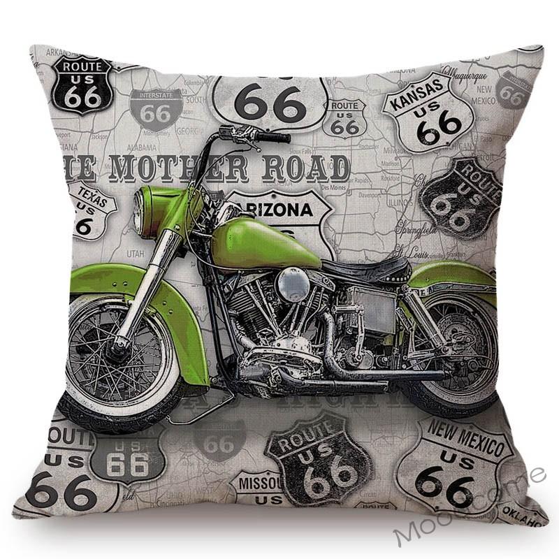 Classic Us Route 66 Vintage Motorcycle Poster Art Home Decorative Pillow Cover Retro American Style Cotton Linen Cushion Covers