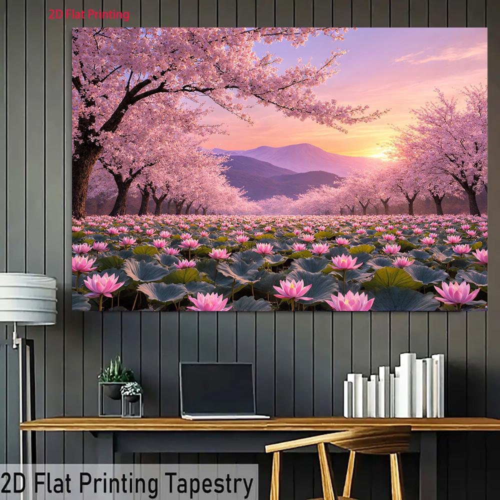 2D plane, 1 piece depicting a scene of cherry blossoms and sunset mountains, suitable for parties and birthday celebrations