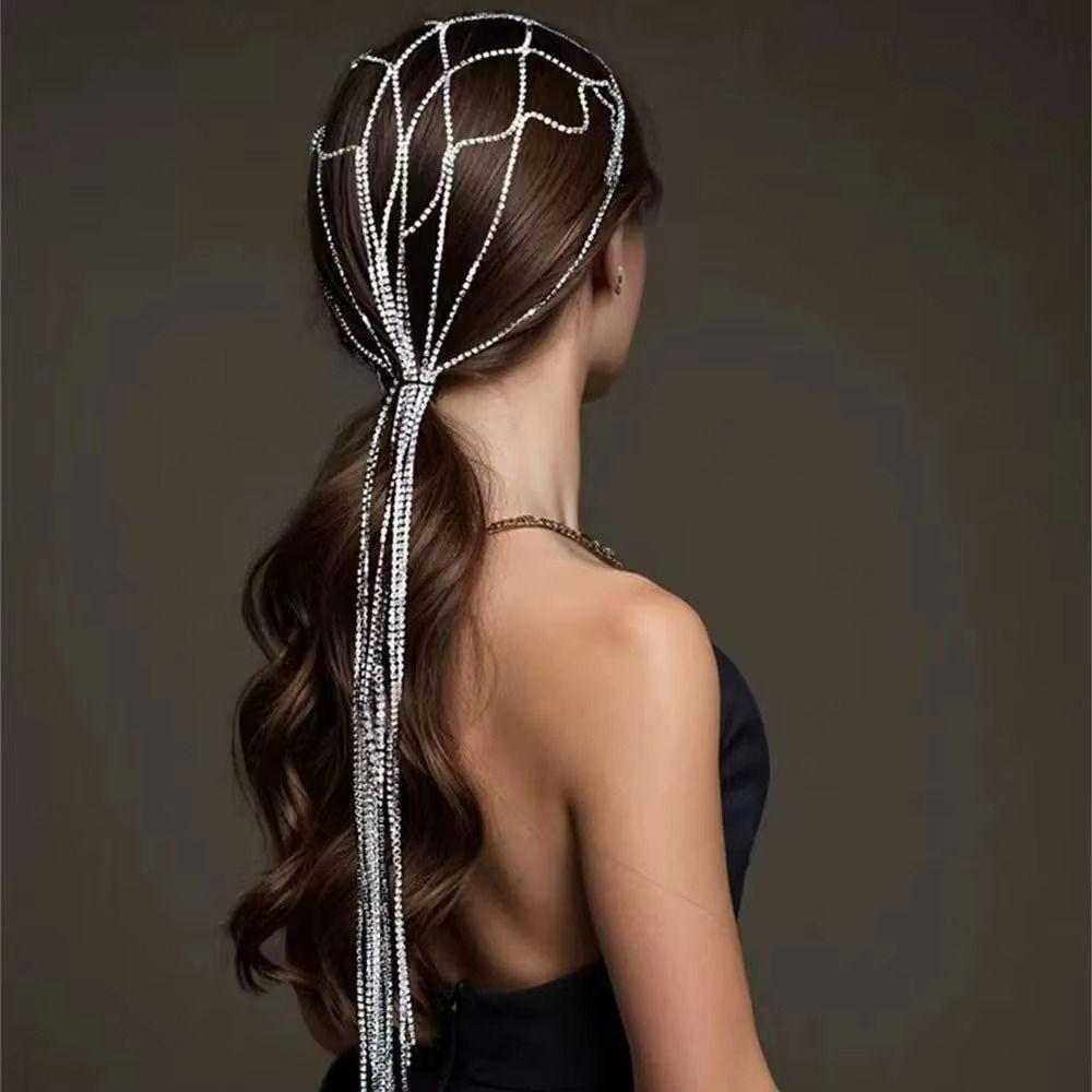 Rhinestone Inlaid Mesh Headband Long Chain Bridal Headpiece Rhinestone Mesh Headpiece Gatsby Party