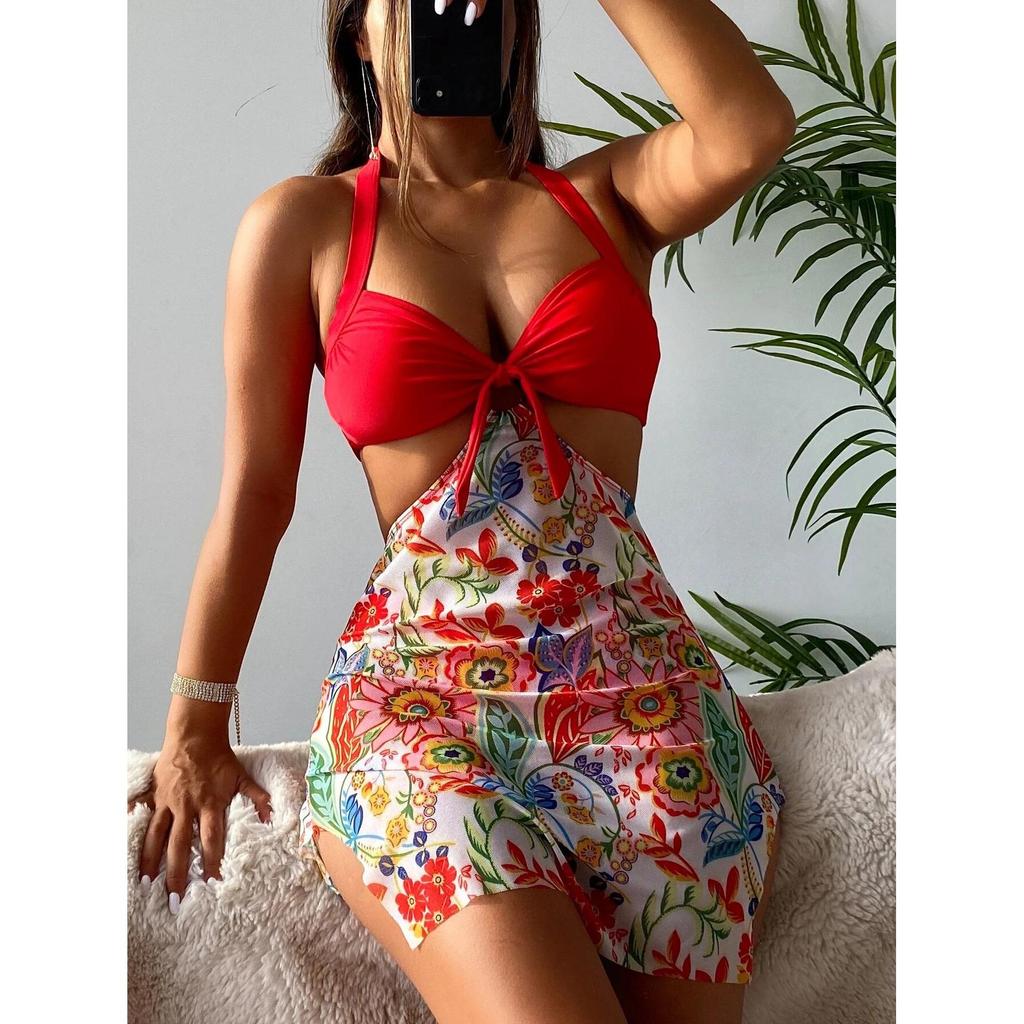 Купальник женский сплит-принт сексуальная тройка платье Холтер шеи цветочные комплекты бикини