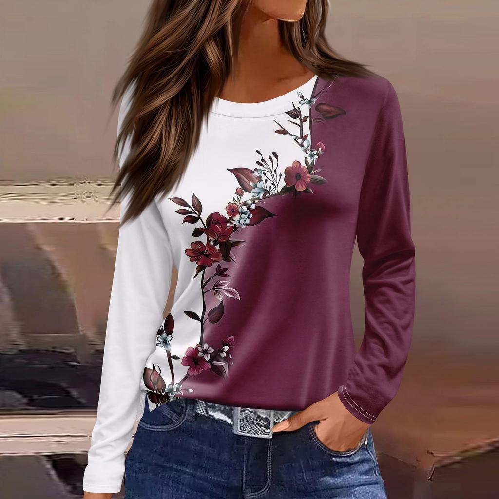 Women's Fashion Casual Slit Hem Round Neck Long Sleeve Loose  Printed T-Shirt Ladies Top