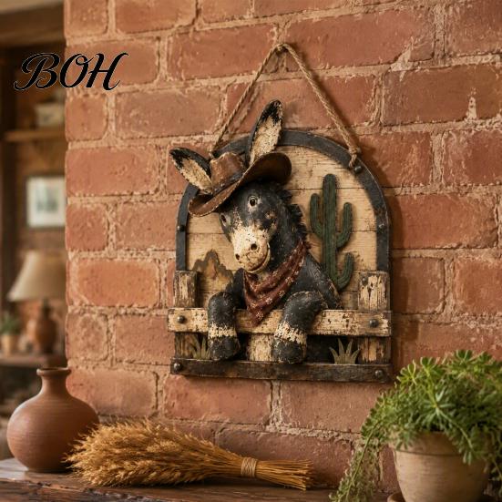 Retro Donkey Pattern Wall Hanging Western Cowboy Wooden Sign, Rustic Farmhouse Decor with Art for Living Room Rope, Country Style Animal Pendant