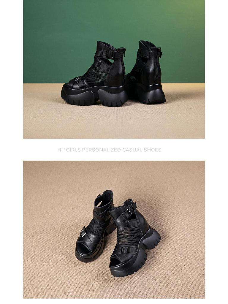 Women's Elevating Leather Roman Sandals - Genuine Cowhide, Thick Sole, Open Toe, Spring/Summer 2025.