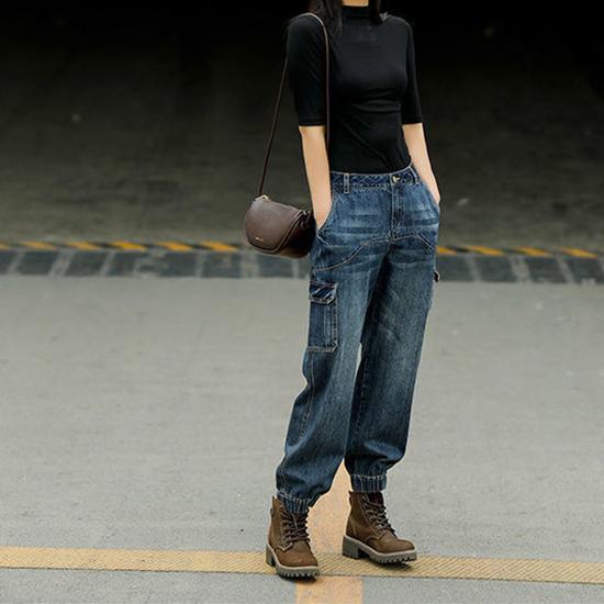 Spring and Autumn High Waist Work Clothes Jeans Women's Loose Pants Elastic Waist Straight Tube High Waist Slimming Pants