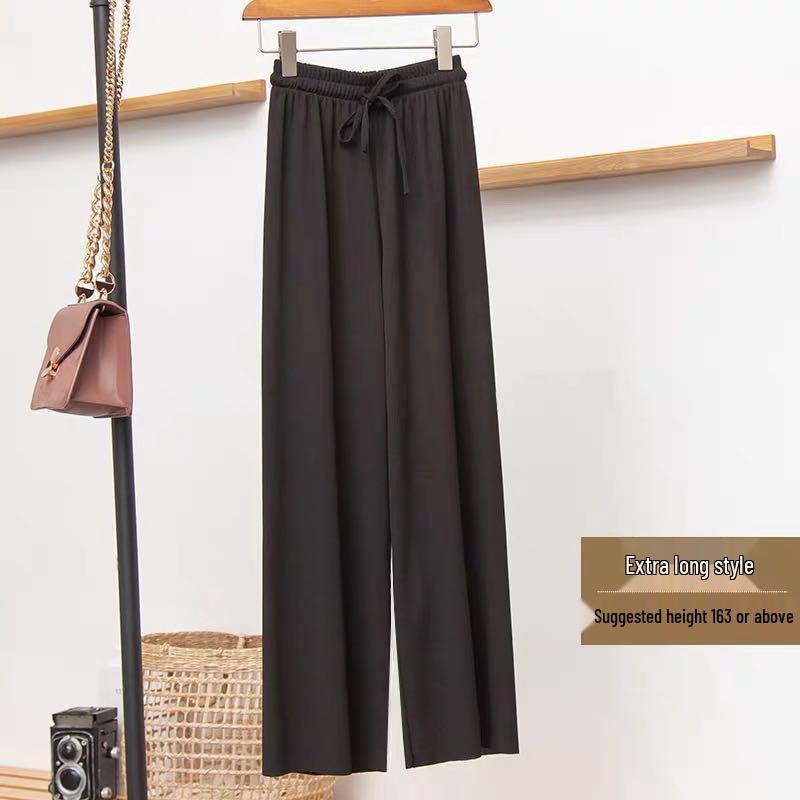 Женские брюки с высокой талией и широкими штанинами из ледяного шелка на весну/лето - Свободные, стройнящие, длиной до пола.