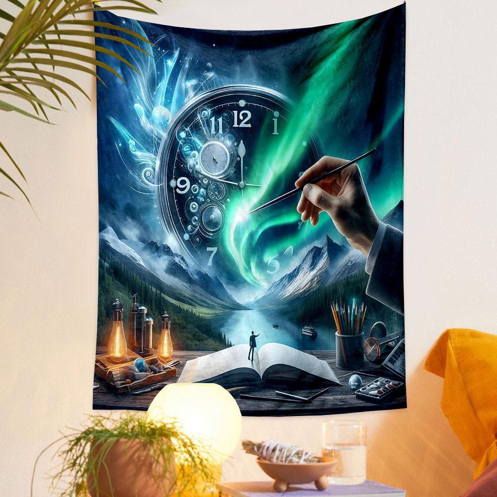 "Surreal Landscape with Clock and Aurora" Patterned tapestry home decor, suitable for bedroom and living room, gift