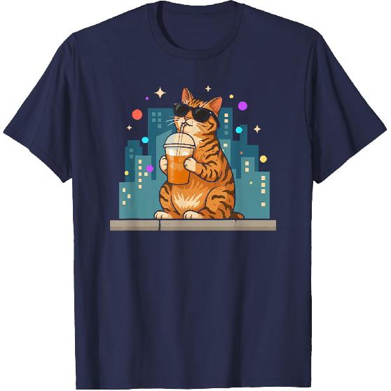 Funny Feline Enjoying Cold Brew Coffee for Morning Rush T-Shirt