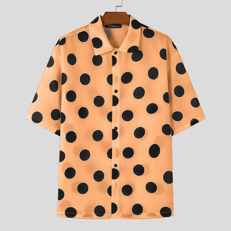 INCERUN Мужские рубашки с отложным воротником и коротким рукавом в горошек, повседневные свободные топы
