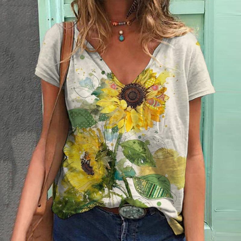 Летняя новая женская футболка с короткими рукавами и V-образным вырезом с принтом бабочки 3D