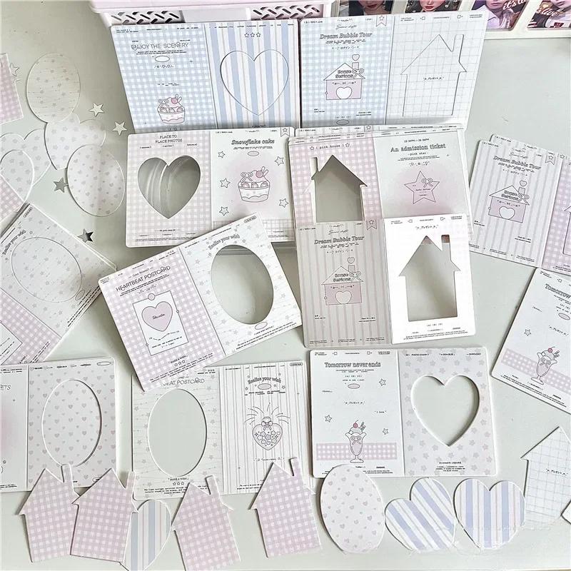 30Pcs Korean INS Cute Plaid House/heart Hollow Window Folding Back Card Kpop 3-inch Photo Card DIY Decor Packing Fixed Cardboard