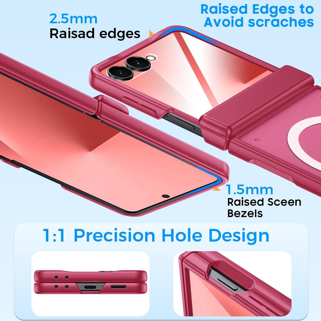 Magnetic Matte Protective Case with Tempered Glass Screen Protector and Hinge Protection for Samsung Galaxy Z Flip 7-Red