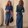 Women's Long Denim and Black Button Down Dresses with Split Hem, Lapel Collar and Pockets