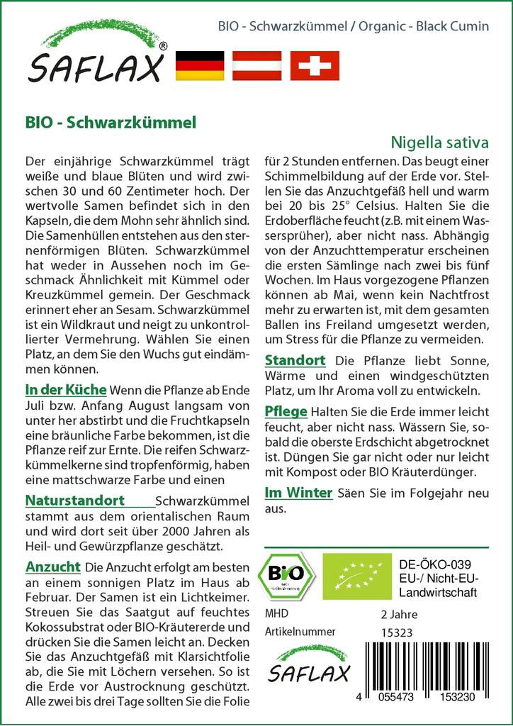 SAFLAX Garden in the Bag - Органический - Черный тмин - 300 семян - С субстратом в подходящем пакете - Nigella sativa