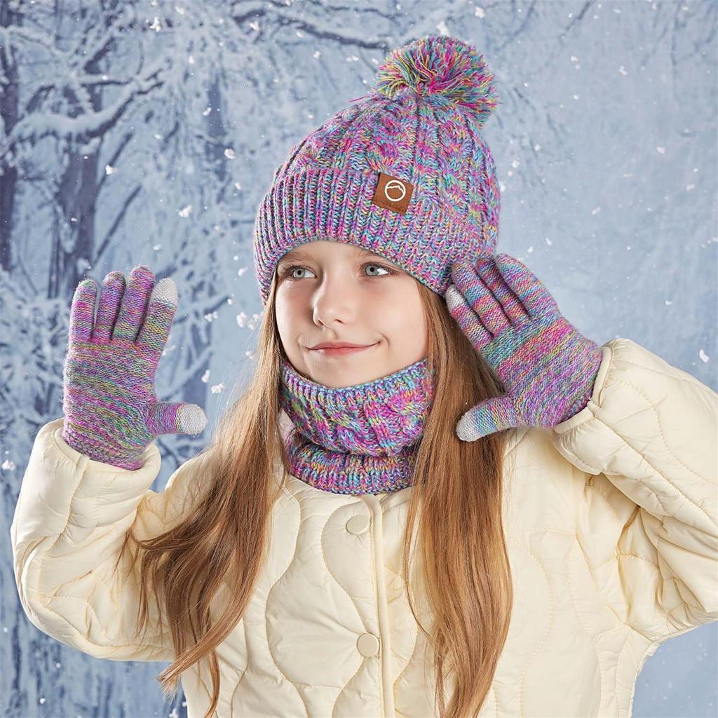 Kids Winter Hat Gloves Scarf Set, Girls Boys Pompom Hats Gloves Knit Set With Thick Fleece Lined For 4-10 Children